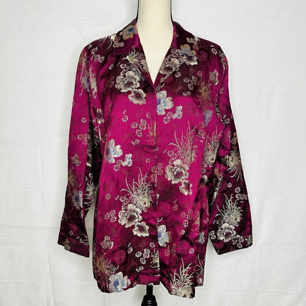 Chico's Art-to-Wear Asian Inspired Rayon Jacket Burgundy Gold Floral Sz 3 Large